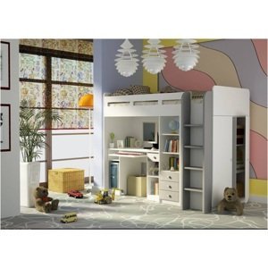 ArtFMbra Detská poschodová posteľ so stolíkom UNIT FARBA: Biela / strieborná