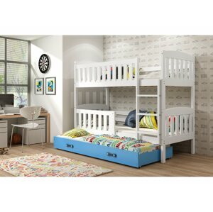 BMS Detská poschodová posteľ KUBUŠ 3 s prístelkou | biela FARBA: Biela, DOPLNKOVÁ FARBA: Modrá