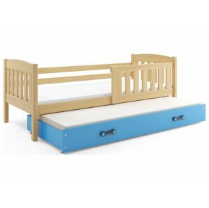 BMS Detská posteľ KUBUŠ 2 s prístelkou | 200 x 90 FARBA: Borovica, DOPLNKOVÁ FARBA: Modrá