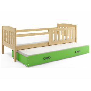 BMS Detská posteľ KUBUŠ 2 s prístelkou | 200 x 90 FARBA: Borovica, DOPLNKOVÁ FARBA: Zelená
