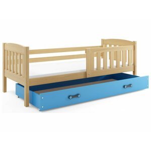 BMS Detská posteľ KUBUŠ 1 s úložným priestorom | borovica FARBA: Borovica, DOPLNKOVÁ FARBA: Modrá