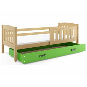 BMS Detská posteľ KUBUŠ 1 s úložným priestorom | borovica FARBA: Borovica, DOPLNKOVÁ FARBA: Zelená