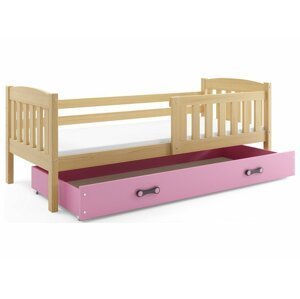 BMS Detská posteľ KUBUŠ 1 s úložným priestorom | borovica FARBA: Borovica, DOPLNKOVÁ FARBA: Ružová