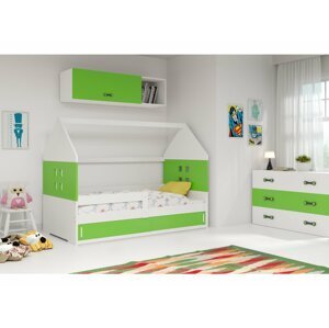 BMS Detská posteľ domček DOMI 1 | sivá s úložným priestorom FARBA: Biela, DOPLNKOVÁ FARBA: Zelená