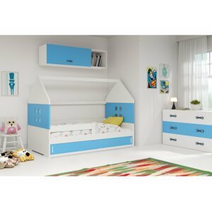 BMS Detská posteľ domček DOMI 1 | sivá s úložným priestorom FARBA: Biela, DOPLNKOVÁ FARBA: Modrá