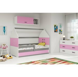 BMS Detská posteľ domček DOMI 1 | sivá s úložným priestorom FARBA: Grafit, DOPLNKOVÁ FARBA: Ružová