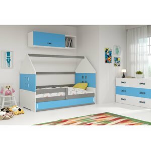 BMS Detská posteľ domček DOMI 1 | sivá s úložným priestorom FARBA: Grafit, DOPLNKOVÁ FARBA: Modrá