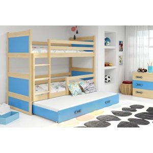 BMS Detská poschodová posteľ s prístelkou RICO 3 | 80 x 160 cm FARBA KONŠTRUKCIE: Borovica, DOPLNKOVÁ FARBA: Modrá