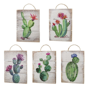 Sada 5 drevených závesných dekorácií s motívmi kaktusov Unimasa