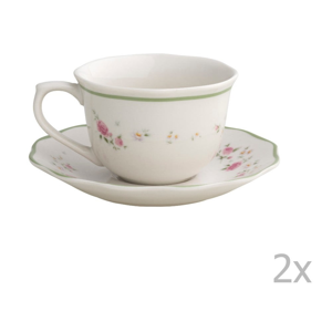 Súprava 2 bielych porcelánových hrnčekov s tanierikmi Brandani Nonna Rosa, 200 ml