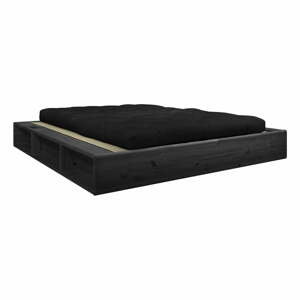 Čierna dvojlôžková posteľ z masívneho dreva s čiernym futonom Comfort a tatami Karup Design, 140 x 200 cm