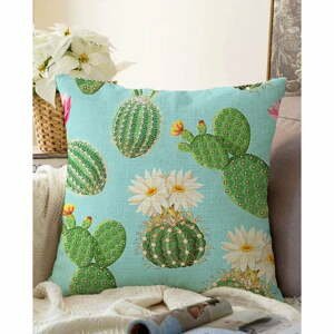 Modro-zelená obliečka na vankúš s prímesou bavlny Minimalist Cushion Covers Blooming Cactus, 55 x 55 cm