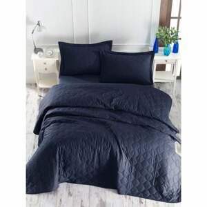 Tmavomodrá prikrývka cez posteľ s obliečkou na vankúš z ranforce bavlny EnLora Home Fresh, 180 x 225 cm