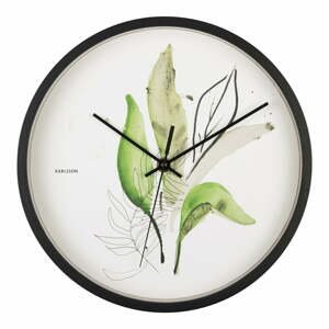 Zeleno-biele nástenné hodiny v čiernom ráme Karlsson Leaves, ø 26 cm