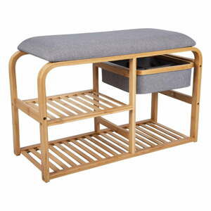 Bambusová polica na topánky so sivým polstrovaním Leitmotiv Bench, šírka 90 cm