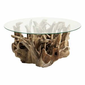 Sklenený konferenčný stolík s podstavcom z teakového dreva Kare Design Roots, Ø 100 cm