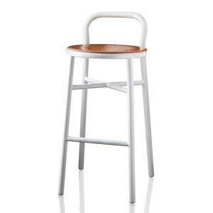 MAGIS - Barová stolička PIPE so svetlým dreveným sedadlom nízka - biela