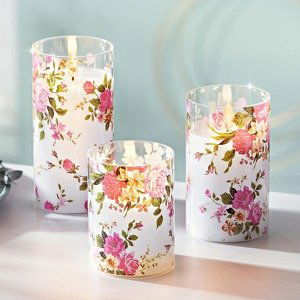 LED Sviečky v skle Romantické kvety, súprava 3 ks