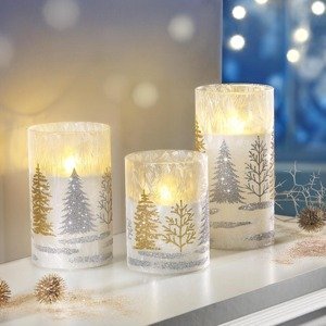 LED voskové sviečky v skle Zimný les, súprava 3 ks