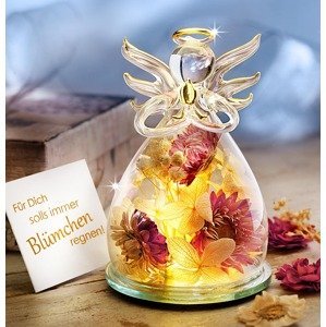 LED Sklenený anjelik so sušenými kvetmi Florella