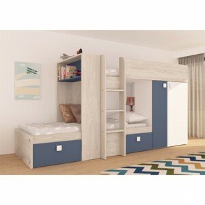 Sconto Poschodová posteľ so skriňou a úložným priestorom EMMET III pínia cascina/modrá, 90x200 cm