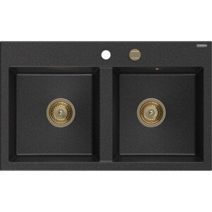 MEXEN/S MEXEN/S - Hektor granitový drez 2-bowl 800 x 480 mm, čierna/strieborná metalík, zlatý sifón 6521802000-73-G