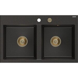 MEXEN/S MEXEN/S - Hektor granitový drez 2-bowl 800 x 480 mm, čierna/zlatá metalík, zlatý sifón 6521802000-75-G