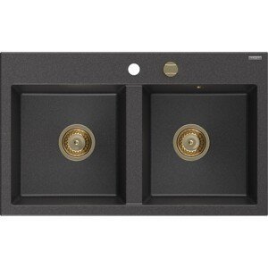 MEXEN/S MEXEN/S - Hektor granitový drez 2-bowl 800 x 480 mm, čierna kropenatá, zlatý sifón 6521802000-76-G