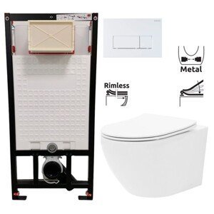 DEANTE Podstavný rám, pre závesné WC misy + SLIM tlačidlo bílé + WC REA Carlo Flat Mini Rimlesss + SEDADLO CST_WC01 A51P CF1