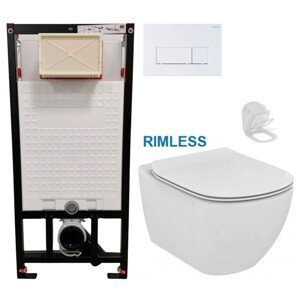 DEANTE Podstavný rám, pre závesné WC misy + SLIM tlačidlo bílé + WC Ideal Standard Tesi se sedlem RIMLESS CST_WC01 A51P TE2