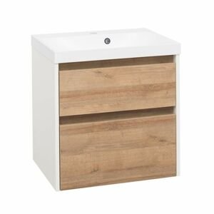 MEREO - Opto, kúpeľňová skrinka s umývadlom z liateho mramoru 61 cm, biela lesk/dub Riviera CN930M