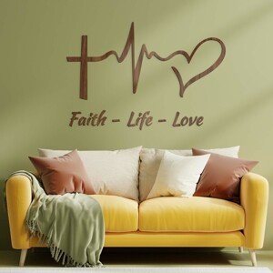Drevená kresťanská nálepka - Faith, Life, Love, Javor
