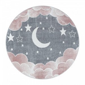 Detský koberec Funny mesiac nad oblakmi ružový / sivý, kruh