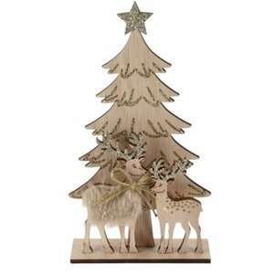Vianočná drevená dekorácia Jelene a stromček hnedá, 12,5 x 3,5 x 23 cm