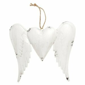 Krídla so srdiečkom, kovová dekorácia na zavesenie, farba biela antik