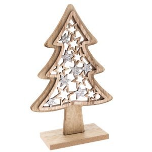 Vianočná drevená dekorácia Stromček, 10 x 15,5 x 4 cm, strieborná