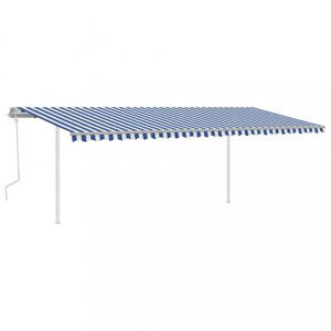 Ručne zaťahovacia markíza so stĺpikmi 600x350 cm Dekorhome Biela / modrá,Ručne zaťahovacia markíza so stĺpikmi 600x350 cm Dekorhome Biela / modrá