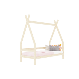 Benlemi Detská drevená posteľ SAFE 5v1 v tvare teepee so zábranou Zvoľte farbu: Béžová, Zvoľte rozmer: 90x160 cm, Zvoľte zábranu: S otvoreným vstupom