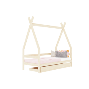 Benlemi Detská drevená posteľ SAFE 5v1 v tvare teepee so zábranou a úložným šuplíkom Zvoľte farbu: Béžová, Zvoľte rozmer: 90x160 cm, Zvoľte zábranu: …