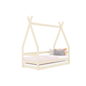 Benlemi Detská drevená posteľ SAFE 5v1 v tvare teepee so zábranou a prístelkou Zvoľte farbu: Béžová, Zvoľte rozmer: 90x160 cm, Zvoľte zábranu: S otvo…