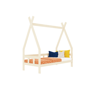 Benlemi Detská teepee posteľ FENCE 4v1 z dreva so zábranou Zvoľte farbu: Béžová, Zvoľte rozmer: 90x160 cm, Zvoľte zábranu: S otvoreným vstupom