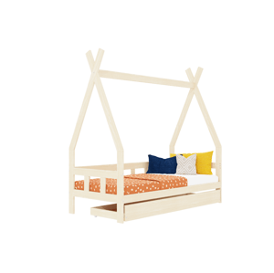Benlemi Detská teepee posteľ FENCE 4v1 z dreva so zábranou a úložným šuplíkom Zvoľte farbu: Béžová, Zvoľte rozmer: 90x160 cm, Zvoľte zábranu: S otvor…