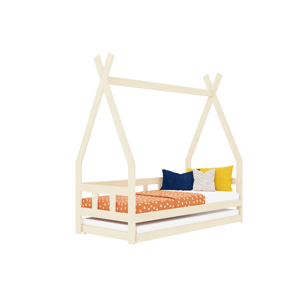 Benlemi Detská teepee posteľ FENCE 4v1 z dreva so zábranou a prístelkou Zvoľte farbu: Béžová, Zvoľte rozmer: 90x160 cm, Zvoľte zábranu: S otvoreným v…