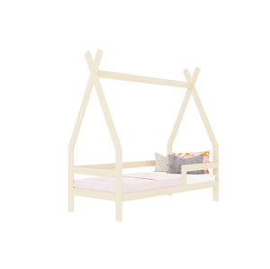 Benlemi Detská drevená posteľ SAFE 5v1 v tvare teepee so zábranou Zvoľte farbu: Béžová, Zvoľte rozmer: 90x160 cm, Zvoľte zábranu: S jednou zábranou