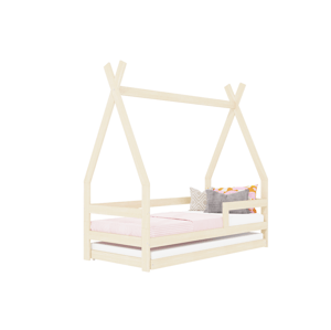 Benlemi Detská drevená posteľ SAFE 5v1 v tvare teepee so zábranou a prístelkou Zvoľte farbu: Béžová, Zvoľte rozmer: 90x160 cm, Zvoľte zábranu: S jedn…