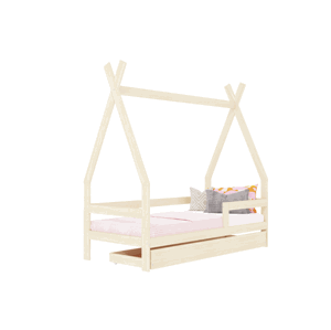 Benlemi Detská drevená posteľ SAFE 5v1 v tvare teepee so zábranou a úložným šuplíkom Zvoľte farbu: Tmavo sivá, Zvoľte rozmer: 90x160 cm, Zvoľte zábra…