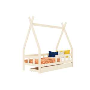 Benlemi Detská teepee posteľ FENCE 4v1 z dreva so zábranou a úložným šuplíkom Zvoľte farbu: Béžová, Zvoľte rozmer: 90x160 cm, Zvoľte zábranu: S jedno…