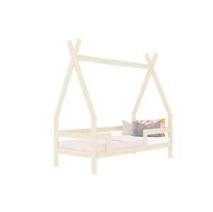 Benlemi Detská drevená posteľ SAFE 5v1 v tvare teepee so zábranou Zvoľte farbu: Béžová, Zvoľte rozmer: 90x160 cm, Zvoľte zábranu: S dvoma zábranami