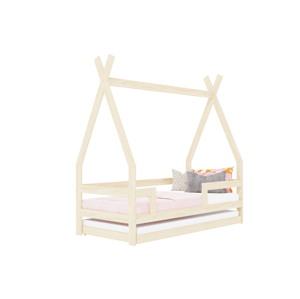 Benlemi Detská drevená posteľ SAFE 5v1 v tvare teepee so zábranou a prístelkou Zvoľte farbu: Béžová, Zvoľte rozmer: 90x160 cm, Zvoľte zábranu: S dvom…