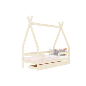 Benlemi Detská drevená posteľ SAFE 5v1 v tvare teepee so zábranou a úložným šuplíkom Zvoľte farbu: Tehlová, Zvoľte rozmer: 90x160 cm, Zvoľte zábranu:…